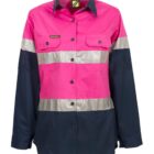 A long-sleeved work shirt featuring a bright pink top and dark navy lower half. It has two reflective horizontal stripes across the chest and sleeves, buttoned front pockets, and a collar.