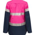 A long-sleeve high-visibility safety shirt with a bright pink upper section and navy blue lower section. It features two reflective silver bands around the torso and arms. The shirt is shown from the back.