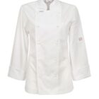 White double-breasted chefs coat with long sleeves and a stand-up collar.