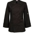 Black, long-sleeve chef jacket with buttons and a stand-up collar.