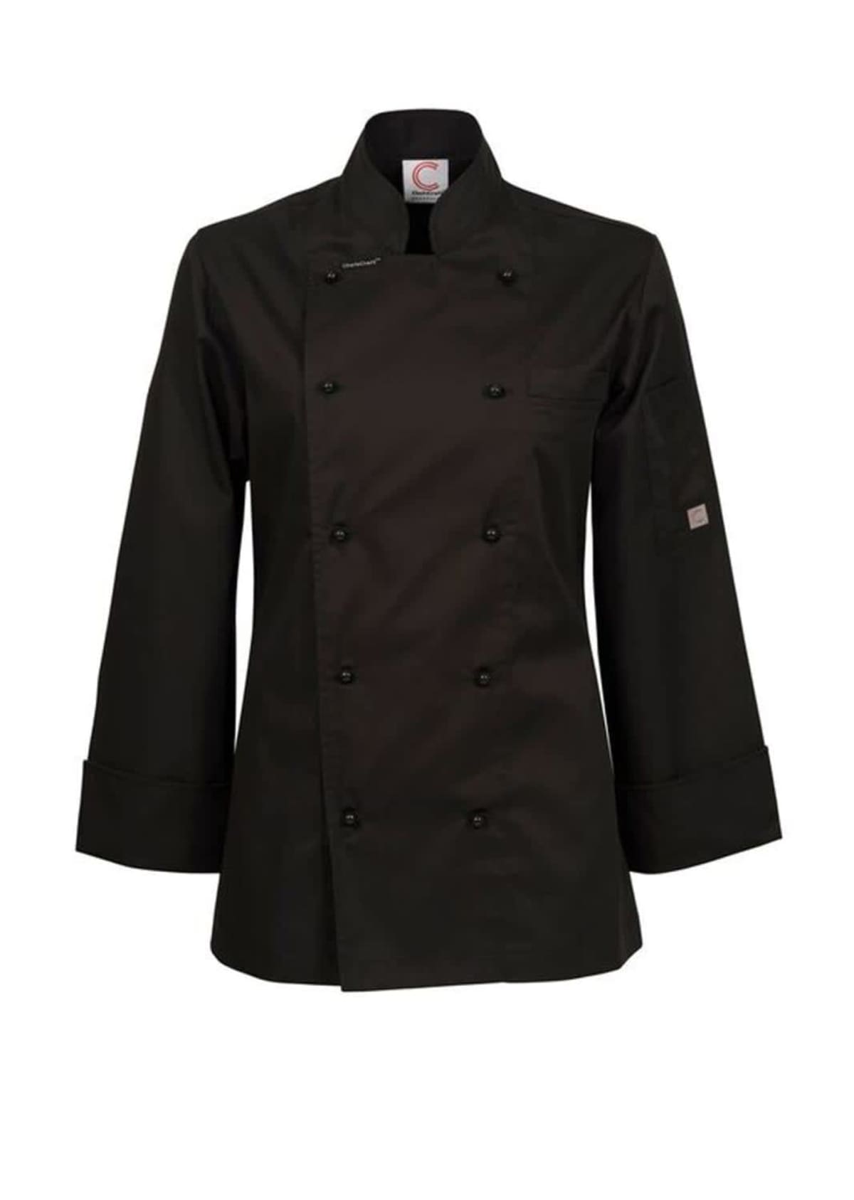 Black, long-sleeve chef jacket with buttons and a stand-up collar.