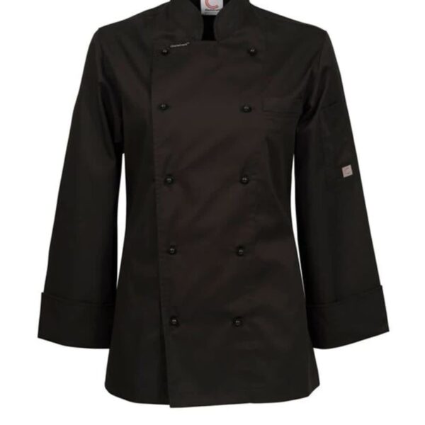 Black double-breasted chef coat with long sleeves and a mandarin collar.