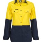 Long-sleeve, two-tone shirt with a yellow top half and dark blue bottom half. Features button-up front, two chest pockets with flaps, and a collar.