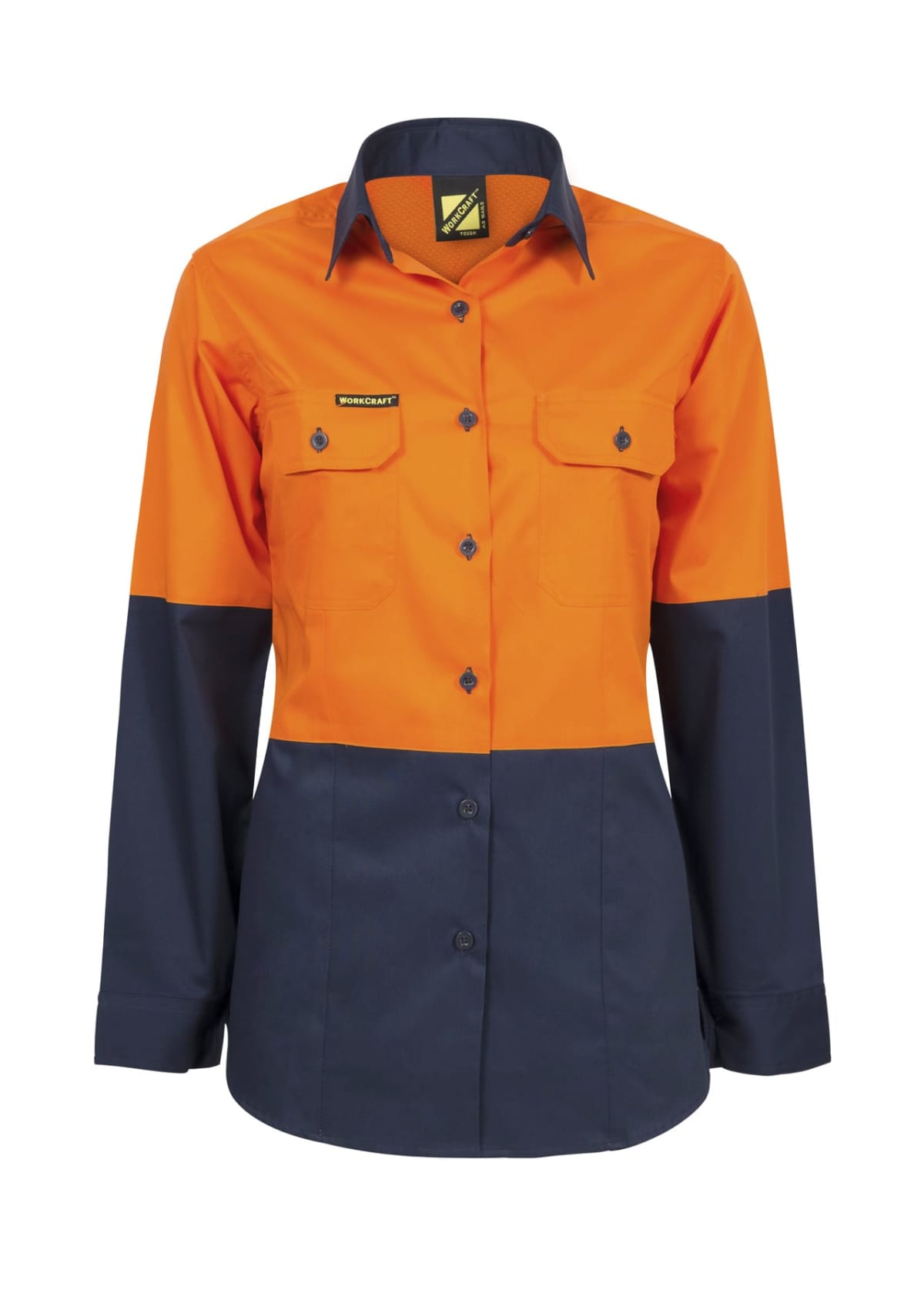 Long-sleeve work shirt with an orange top half and navy bottom half. It features a button-up front and two chest pockets with buttoned flaps. The collar and sleeves are navy.