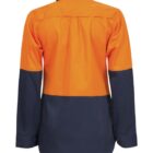 A long-sleeved shirt seen from the back, featuring a bright orange upper section and dark navy lower section, with a collar and buttoned cuffs. The shirt has a casual, workwear style.