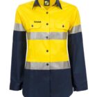 High-visibility work shirt with long sleeves, featuring bright yellow on the upper half and dark navy blue on the lower half. Two silver reflective stripes run horizontally across the chest and arms.