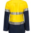 A high-visibility work shirt with long sleeves, featuring a bright yellow upper section and dark blue lower section, accented by silver reflective bands across the chest and arms, viewed from the back.