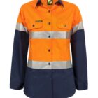 A high-visibility work shirt with long sleeves, featuring bright orange fabric and navy blue sections at the bottom and cuffs. It has reflective silver horizontal stripes on the chest and arms, as well as pockets on the chest.