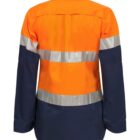 Back view of a high-visibility work shirt featuring bright orange fabric with reflective silver stripes across the back and sleeves. The lower portion and sleeves are dark blue.