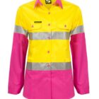 A long-sleeved, color-blocked safety shirt with a yellow top, pink bottom, and reflective gray horizontal stripes. It features a collar, button-down front, and a small black label on the chest.
