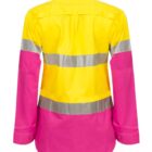 Back view of a long-sleeve high-visibility shirt featuring a bright yellow and pink color combination. It has reflective silver bands around the chest and sleeves.
