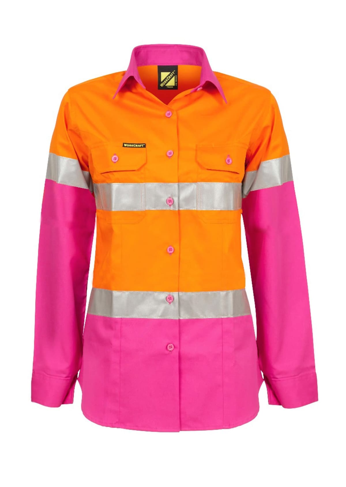 Bright orange and pink high-visibility long-sleeve work shirt featuring reflective silver stripes around the chest and arms, button-down front, and two chest pockets with flaps.