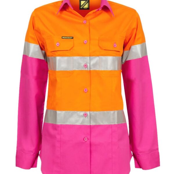 A long-sleeve high-visibility work shirt featuring bright orange and pink colors. It has reflective silver bands across the chest, arms, and waist, with button-up closure and two chest pockets.