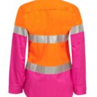 A high-visibility long-sleeve shirt with bright orange and pink colors, featuring two horizontal reflective silver stripes across the back.