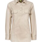 A beige long-sleeve button-up shirt with two front pockets. The shirt features a collar and a partial button placket down the front. The fabric appears smooth and slightly shiny.