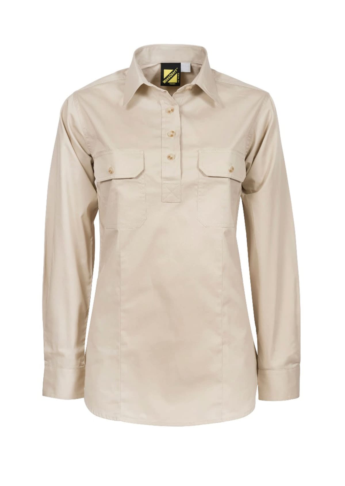 A beige long-sleeve button-up shirt with two front pockets. The shirt features a collar and a partial button placket down the front. The fabric appears smooth and slightly shiny.