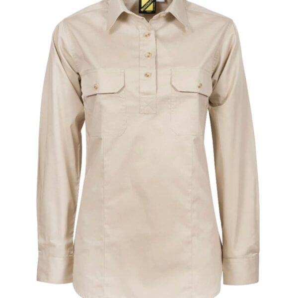 A beige long-sleeve shirt with a collared neckline and partial button-down front. It features two chest pockets with button flaps. The fabric appears to be smooth and slightly reflective.