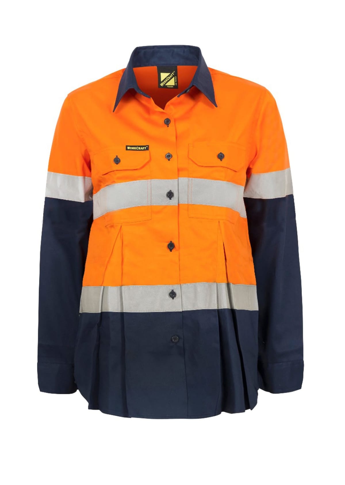 Bright orange, long-sleeve safety shirt with navy lower half and silver reflective stripes across the chest and sleeves. The shirt has a collar and button-up front with flap pockets on the chest.
