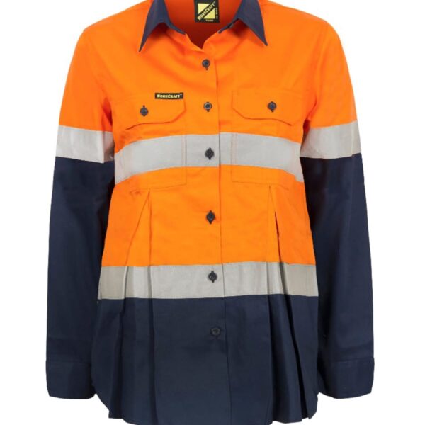 A high-visibility work shirt with bright orange and navy blue sections. The shirt has silver reflective strips across the chest and waist, black buttons, and a collar, designed for safety and visibility in work environments.