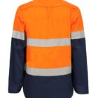 A high-visibility work shirt with bright orange fabric, featuring two horizontal reflective silver stripes around the torso and dark blue lower sleeves and bottom half. The shirt has long sleeves and a collar.