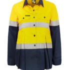 A high-visibility safety shirt with long sleeves. The top half is bright yellow, and the bottom half is navy blue. It features two reflective horizontal stripes across the chest and waist, and has a button-down front with pockets.