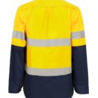 Back view of a high-visibility work shirt featuring bright yellow and dark blue sections. The shirt has long sleeves and two horizontal reflective silver stripes around the chest and stomach for safety.