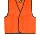 Bright orange safety vest with black trim and a yellow tag on the inside shoulder. The vest is sleeveless and open at the front, designed for high visibility in various work environments.