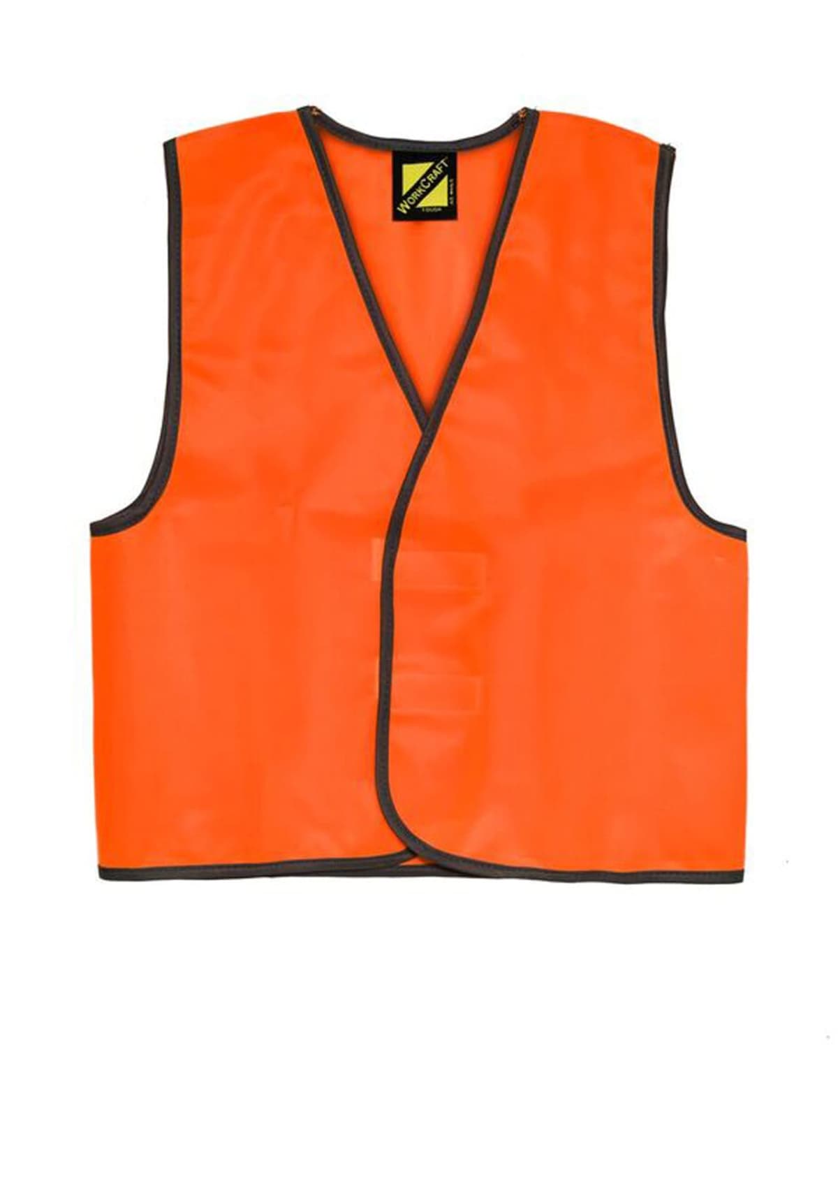 Bright orange safety vest with black trim and a yellow tag on the inside shoulder. The vest is sleeveless and open at the front, designed for high visibility in various work environments.