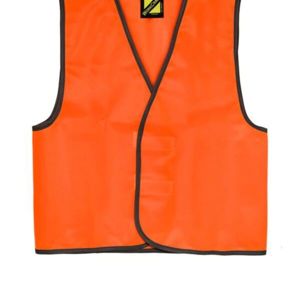 Bright orange safety vest with black trim and a V-neck design, displayed against a white background.