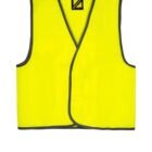 A bright yellow reflective safety vest with gray trim, featuring a V-neck and an open front design. The vest is laid flat on a white background.