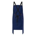Blue apron with black cross-back straps and a tied waist, displayed on a white background.