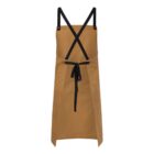 Brown apron with black cross-back straps and a tied black waist belt.