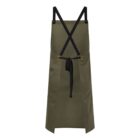 Olive green apron with black cross-back straps and a black waist tie, displayed on a white background.
