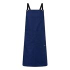 Blue apron with black neck straps and front pockets, displayed on a white background.