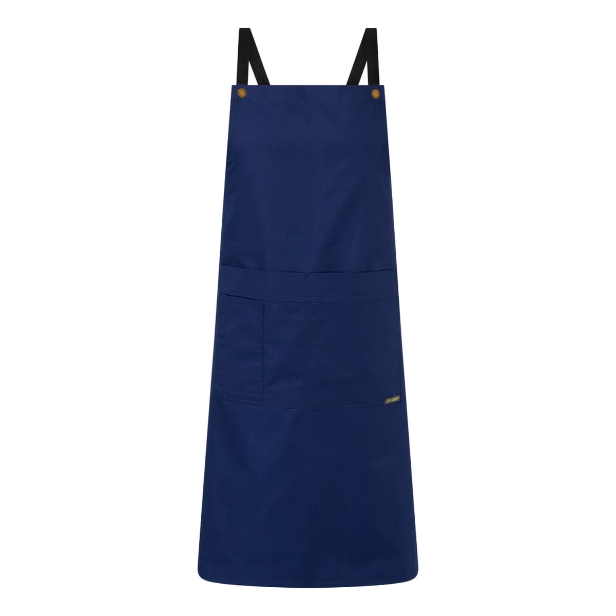 Blue apron with black neck straps and front pockets, displayed on a white background.