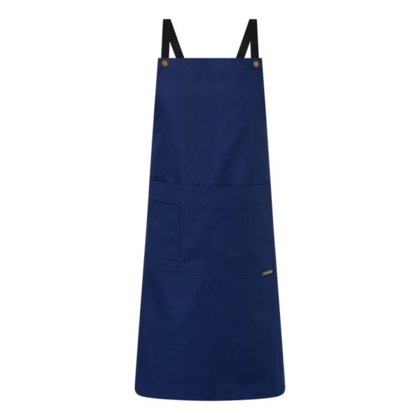 Blue apron with black straps and large front pocket, displayed on a white background.