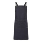 Black apron with front pockets and adjustable shoulder straps, displayed on a white background.