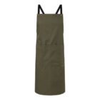 Olive green apron with front pocket and black adjustable straps, displayed on a white background.