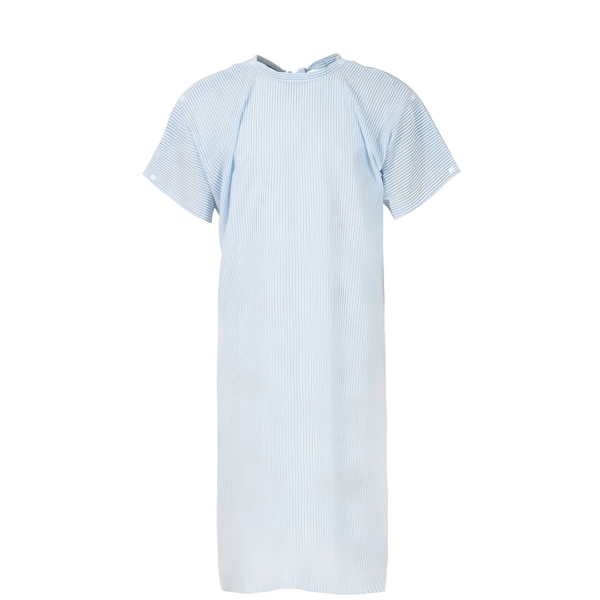 Caerleon seersucker gown, light blue with white stripes and back tie.