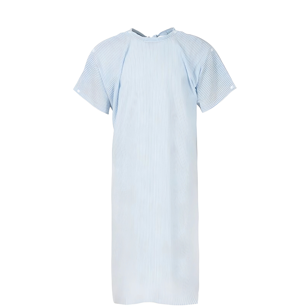 Caerleon seersucker gown, light blue with white stripes and back tie.