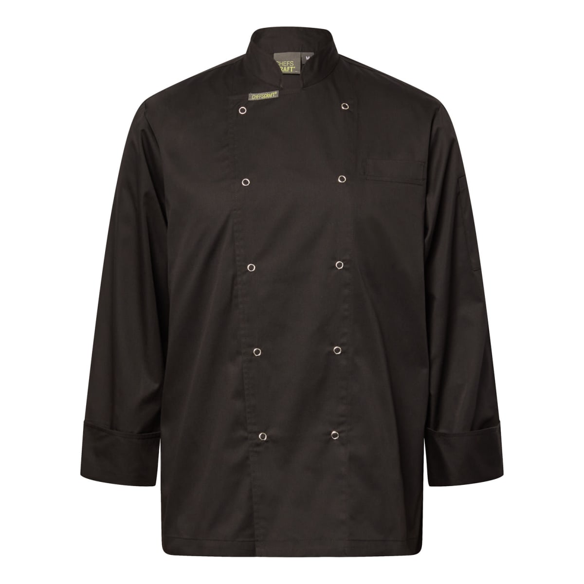 Black chef coat with button-up front and long sleeves.