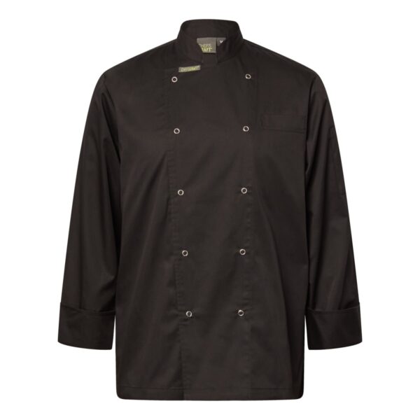 Black chefs jacket with silver buttons, long sleeves, and a front pocket.