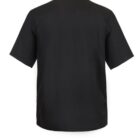Back view of a plain black short-sleeve shirt on a white background.