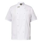 Short-sleeve white chef jacket with buttons down the front and a small chest pocket.