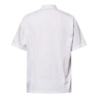 Back view of a short-sleeve white chef coat with a stand-up collar.
