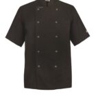 Short-sleeved black chef jacket with button details on a white background.