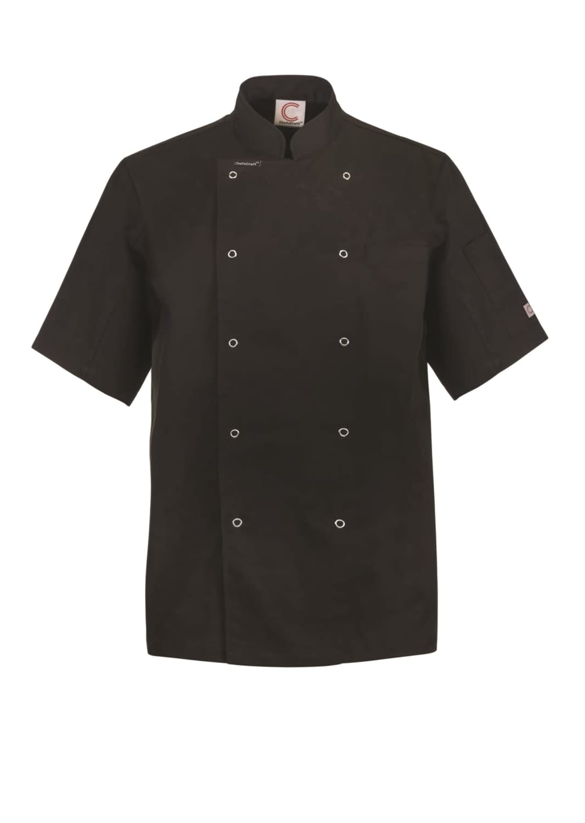 Short-sleeved black chef jacket with button details on a white background.