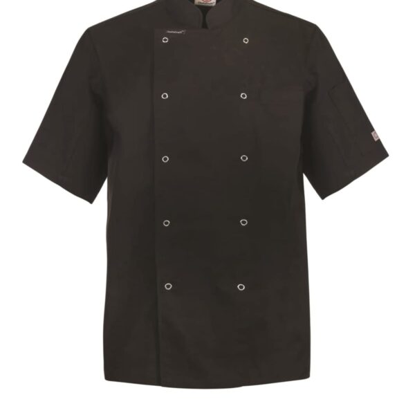 Short-sleeved black chef jacket with double-breasted buttons, displayed on a white background.