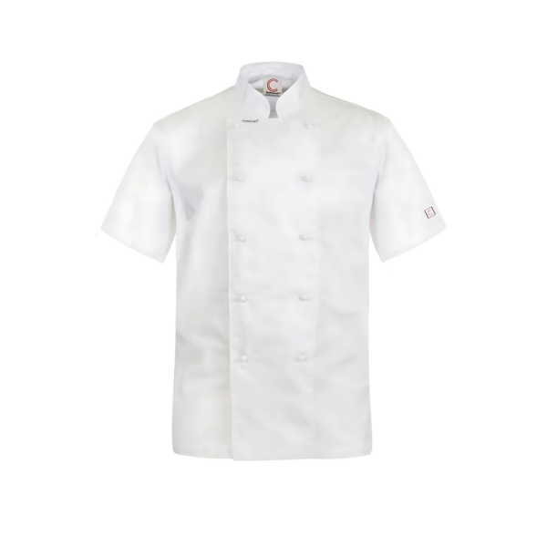 White short-sleeve lightweight double-breasted chefs jacket with buttons.