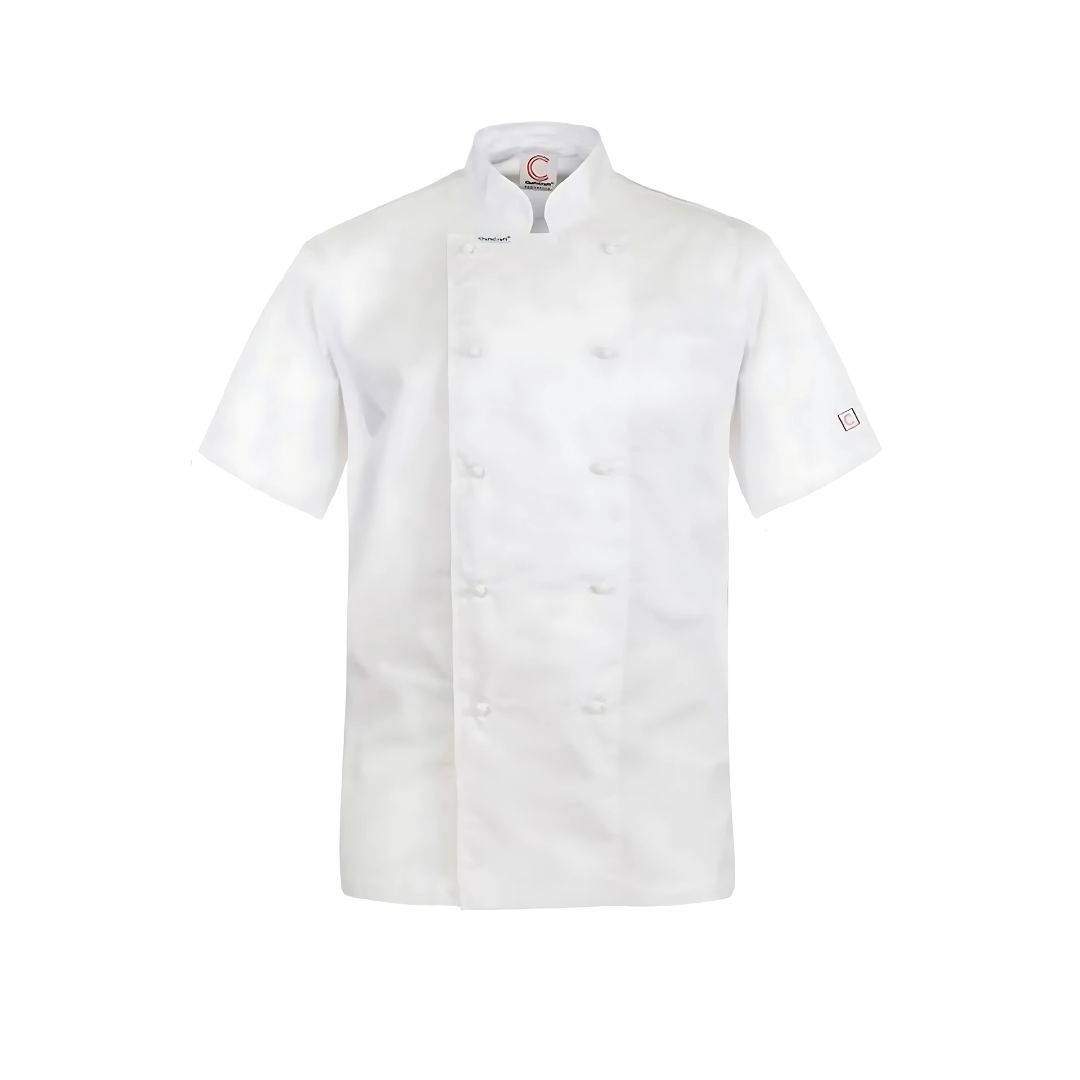White short-sleeve lightweight double-breasted chefs jacket with buttons.